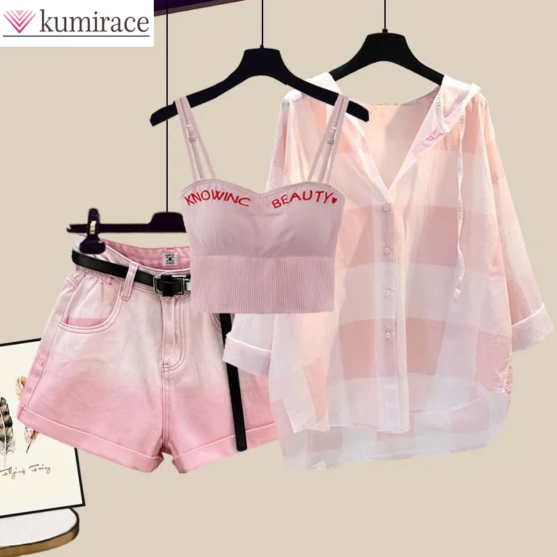 Top Trends: Fashion Tie-dyed Shorts Sunscreen Plaid Shirt Pink Bra Three-piece Elegant Women&#039;s Pants Set Summer Outfits Tracksuit For 2023 Shoppable Styles