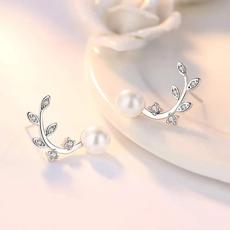 Top Trends: 925 Sterling Silver Crystal Pearl Jewelry Fashion Leaf Stud Earrings For Woman New XY0218 Shoppable Styles - Image 4