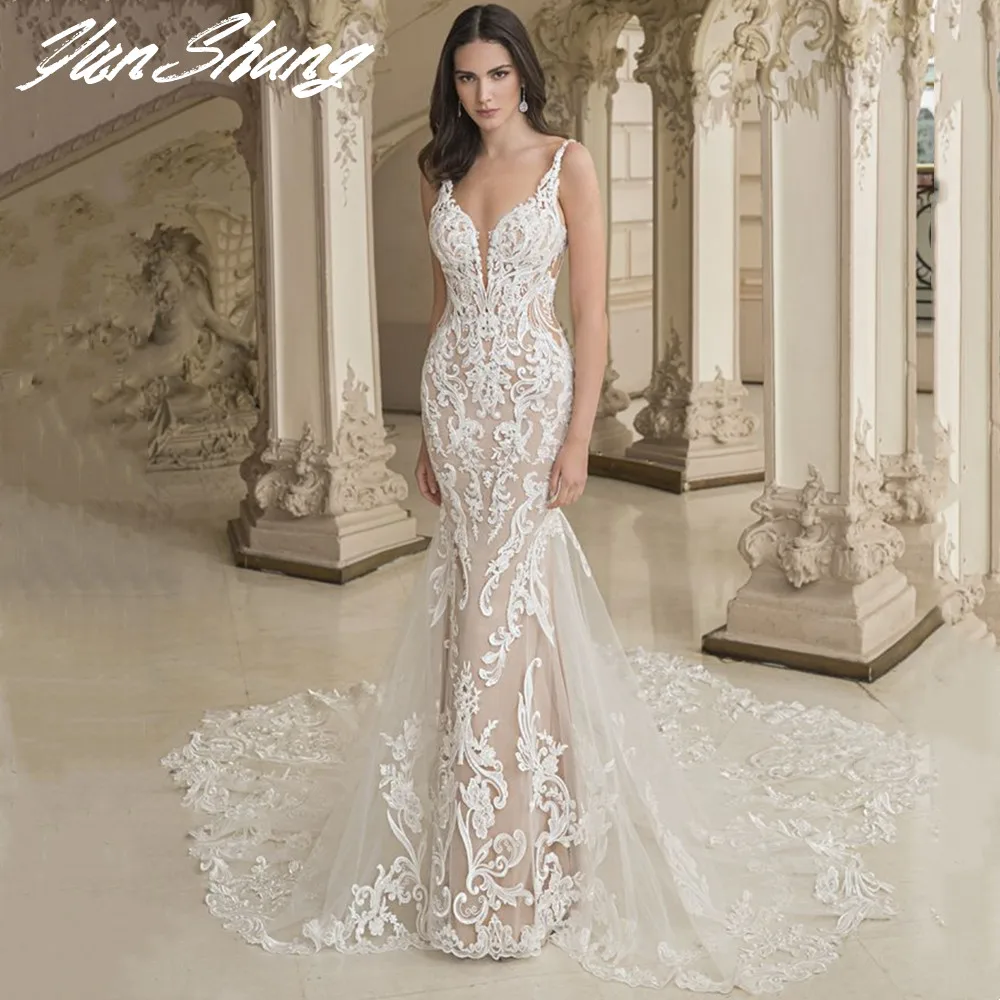 Top Trends: YunShang Deep V-Neck Wedding Dresses Lace Appliques Sleeveless Sexy Mermaid Bride Gown Backless Zipper Train Vestidos De Noiva Shoppable Styles