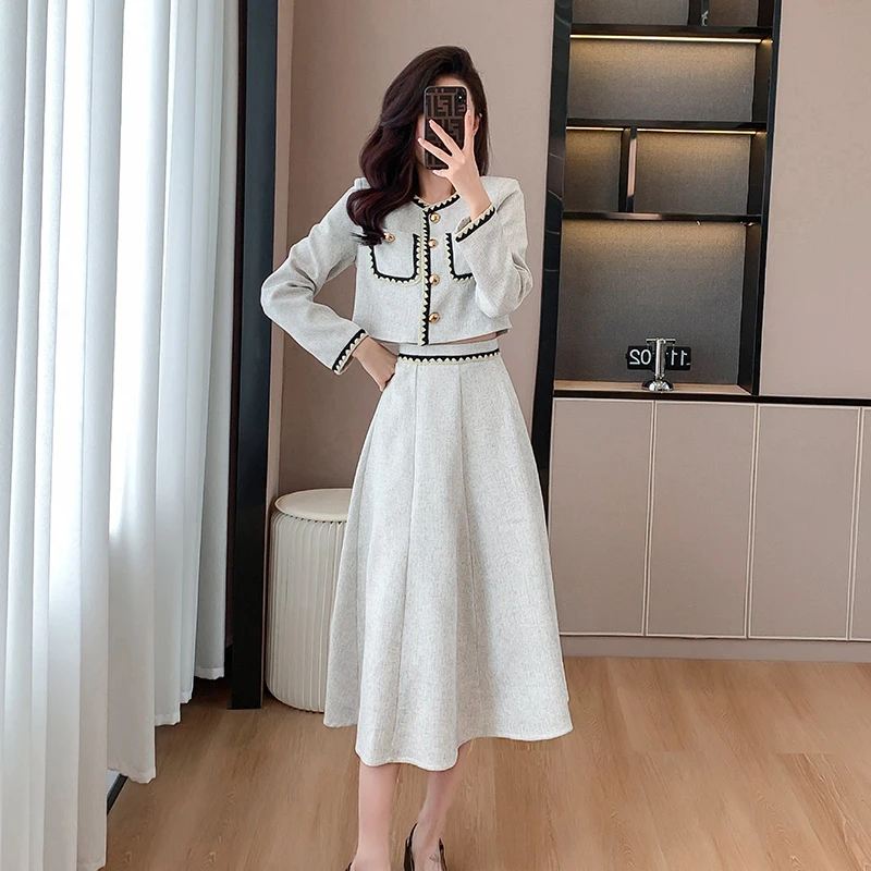 Top Trends: Small Fragrance Autumn Winter Fashion Women's Suit Single-breasted O Neck Short Coat + High Waist Mid Length Skirt 2 Piece Set Shoppable Styles