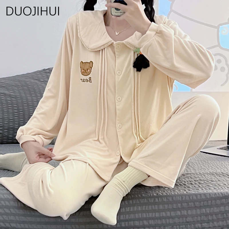 Top Trends: DUOJIHUI Two Piece Sweet Casual Home Pajamas For Women New Long Sleeve Cardigan Simple Pant Fashion Autumn Female Pajamas Set Shoppable Styles - Image 2