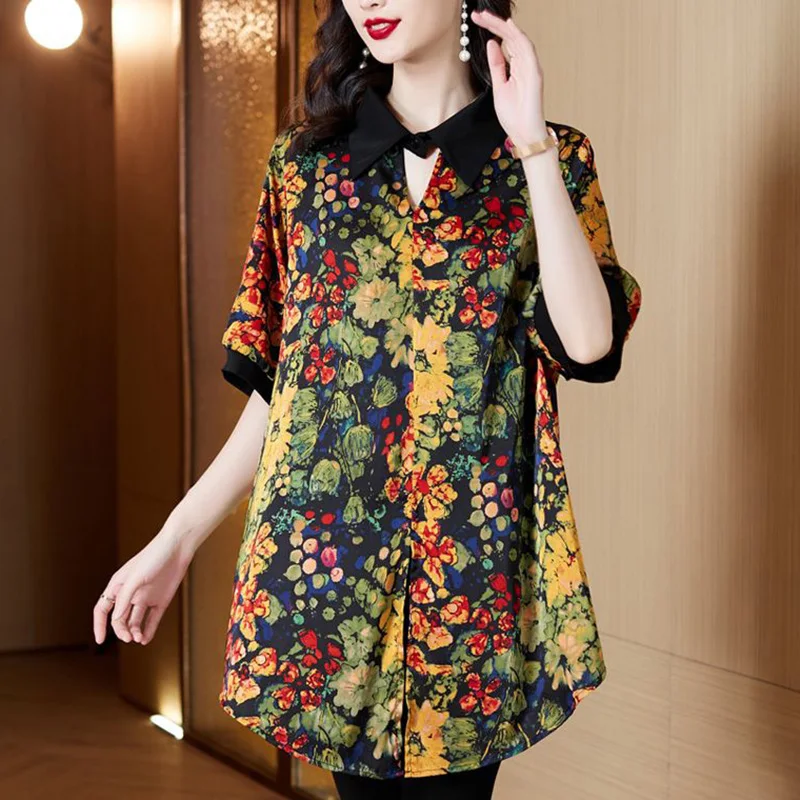 Top Trends: Vintage Printed Lapel All-match Loose Blouse Women Clothing 2023 Summer New Oversized Casual Pullovers Loose Office Lady Shirt Shoppable Styles