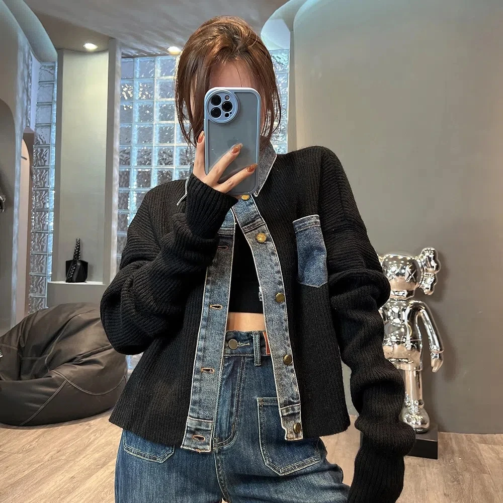 Top Trends: Women Vintage Denim Patchwork Sweater Cardigan Korea Fashion Harajuku Short Knitted Jacket Single Breasted Long Sleeve Knitwear Shoppable Styles