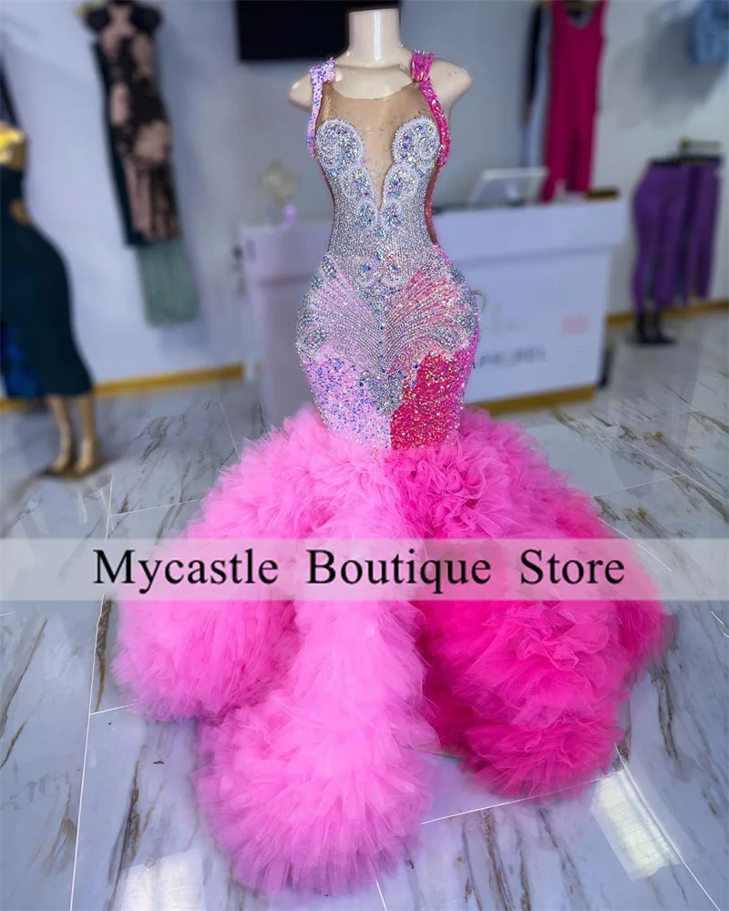 Top Trends: New Arrivals Pink And Hot Pink Mermaid Prom Dresses 2024 For Black Girls Rhinestones Crystal Ruffles Party Dress Evening Dress Shoppable Styles