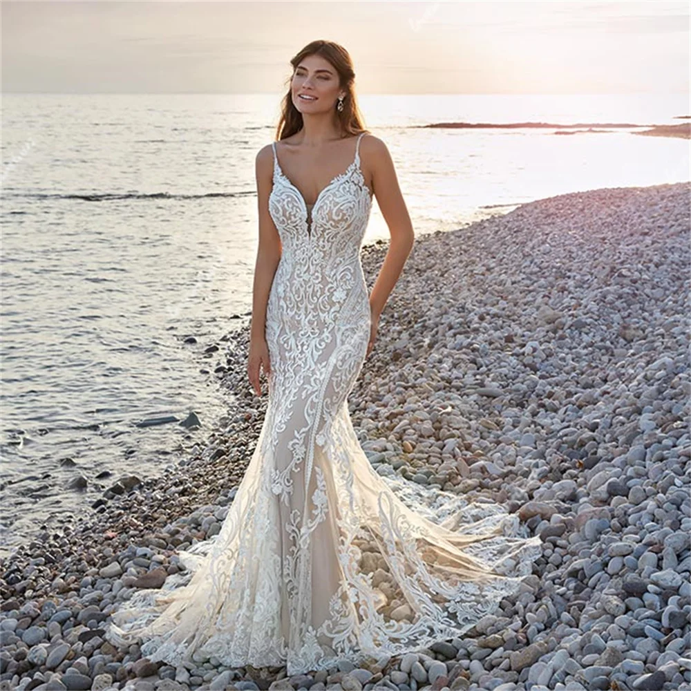 Top Trends: Mermaid Boho Wedding Dress V-Neck Button Backless Beach Bride Gowns Lace Applique Gorgeous Bridal Dresses Vestido De Noiva Shoppable Styles