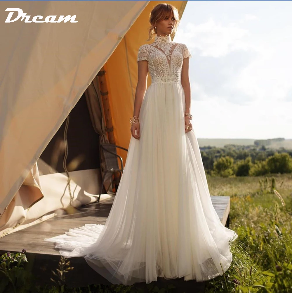 Top Trends: DREAM Boho Lace Tulle High Neck Wedding Dress 2023 Cap Sleeves A-Line Bohemian Bridal Gown Vintage Elegant Robe De Mariée Shoppable Styles