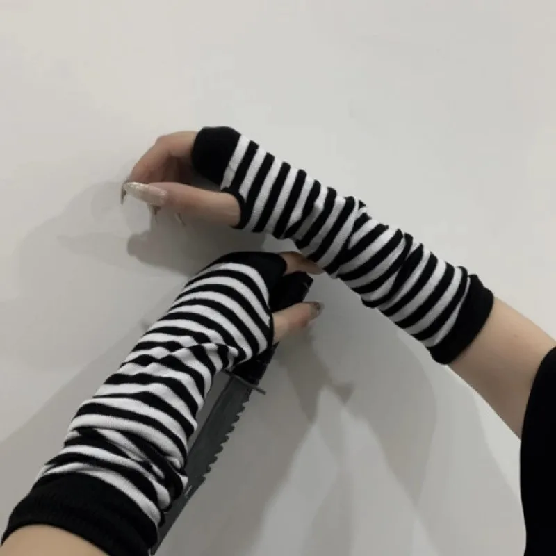 Top Trends: PUNK Knitted Long Fingerless Gloves Arm Cover Striped Knitted Wrist Sleeves Arm Warmer Sleeve Elbow Mittens Women Christmas Gift Shoppable Styles