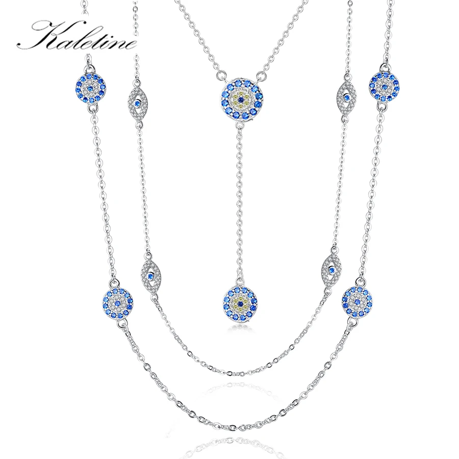 Top Trends: KALETINE 925 Sterling Silver Necklace Earrings Women Round Luck Evil Eye Ring Necklaces Blue Zircon Long Link Turkey Jewelry Set Shoppable Styles