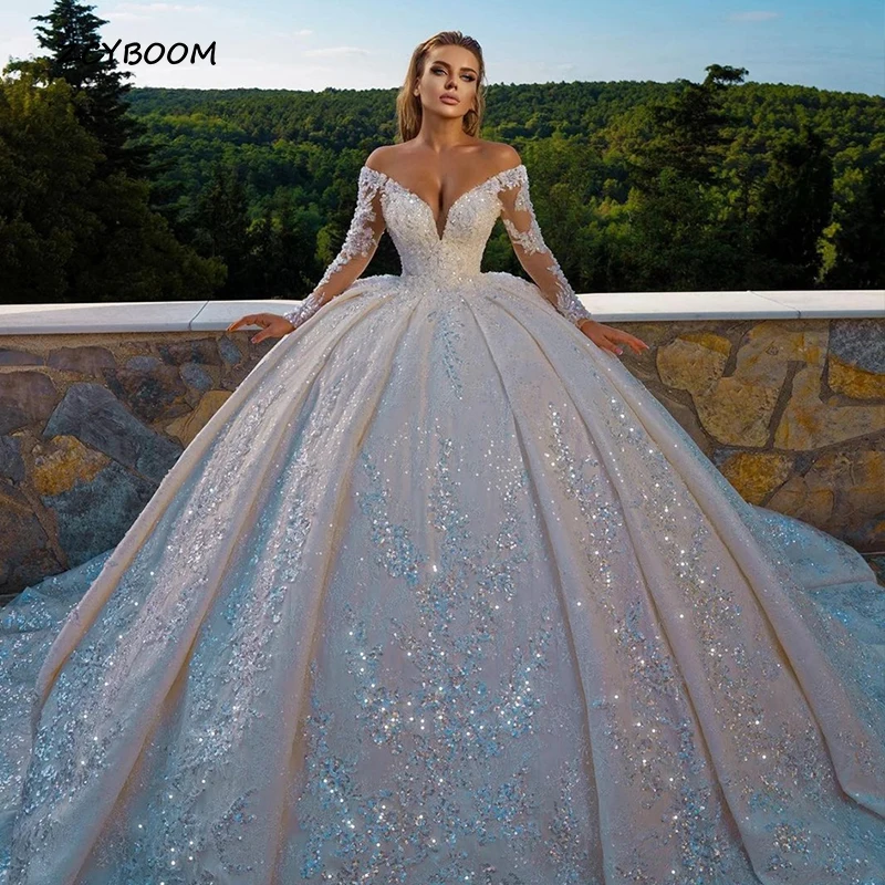 Top Trends: 2023 Ball Gown Luxury Wedding Dresses Elegant Bride Gowns Off The Shoulder Long Sleeves Beaded Lace Backless Vestidos De Novia Shoppable Styles