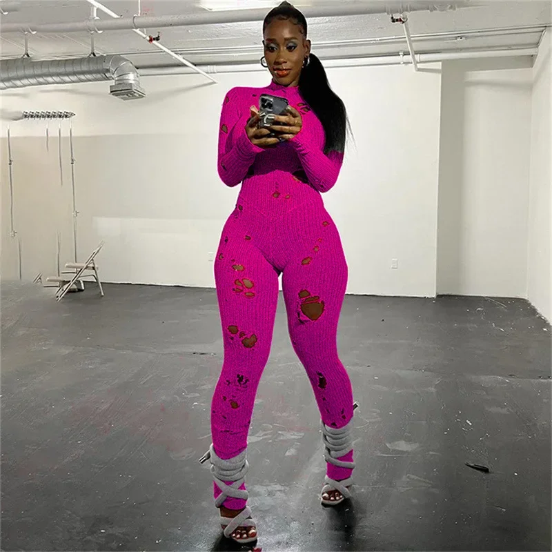 Top Trends: Women Holes Knitted Jumpsuits Solid Trend Sexy Back Bandage Turtleneck Long Sleeve Slim Fit Elastic Y2K Streetwear Overalls Shoppable Styles