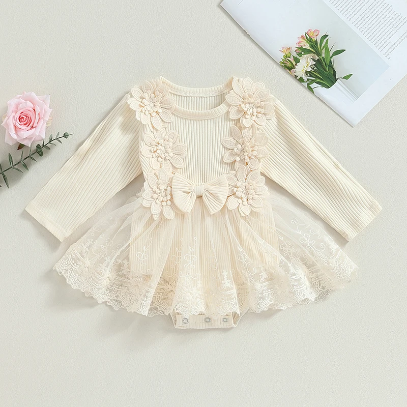 Top Trends: BeQeuewll Baby Girls Romper Dress Autumn Crew Neck Lace Dress Flower Bow Tulle Patchwork Bodysuit Clothes For Daily Party Shoppable Styles