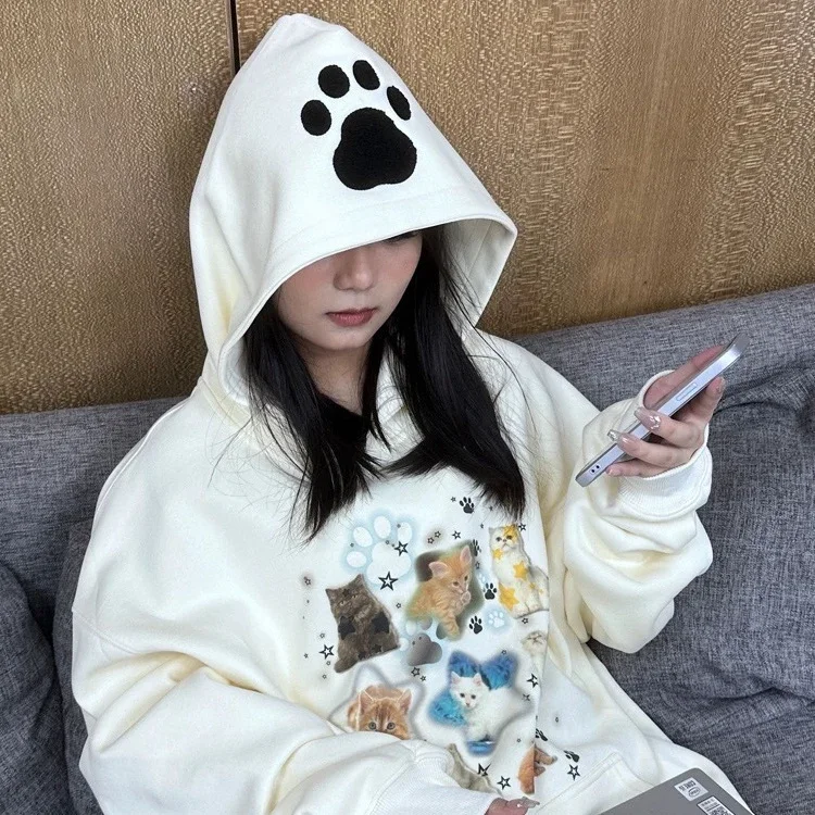 Top Trends: American Retro Cute Cat Hooded Sweatshirt Lazy And Loose Spring And Autumn Design Cat Claw Versatile Niche Sweatshirt For Couple Shoppable Styles