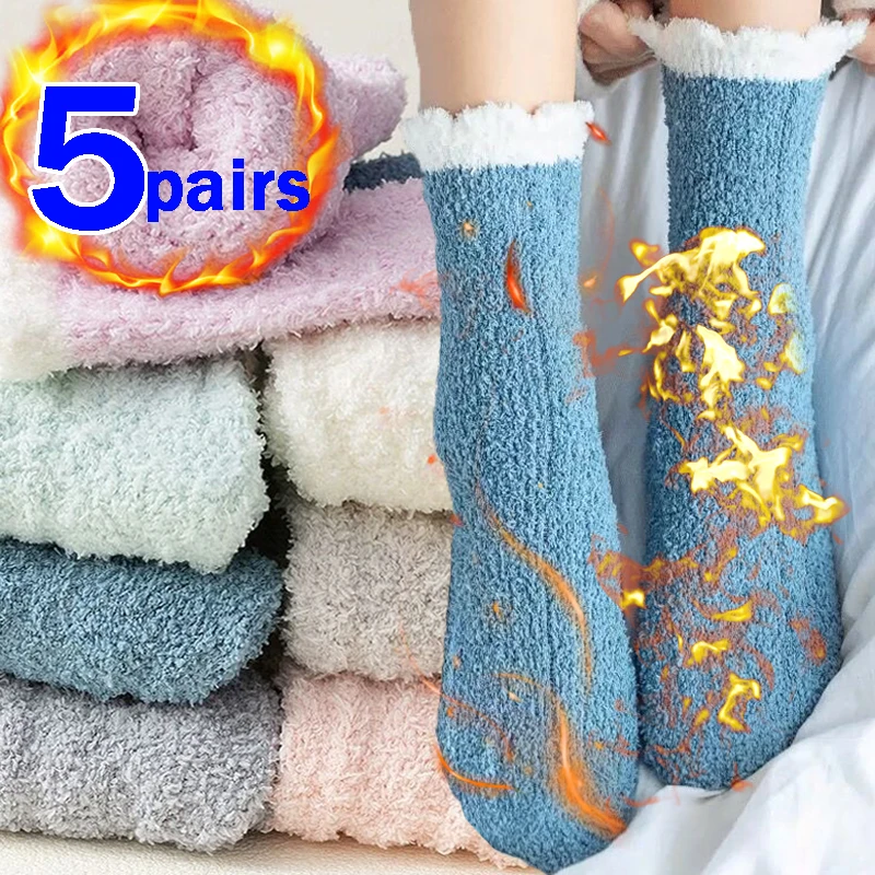 Top Trends: 3 / 1pairs Winter Warm Velvet Socks Women Coral Fleece Thick Plus Stocking Girls Fluffy Floor Sleeping Middle Tube Sock Hosiery Shoppable Styles