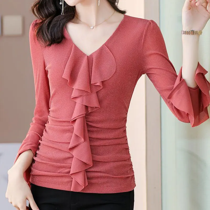 Top Trends: Office Lady Solid Color Fashion Ruffles Spliced T-shirt Women's Clothing V-Neck Slim Spring Autumn Long Sleeve Pleated Pullovers Shoppable Styles