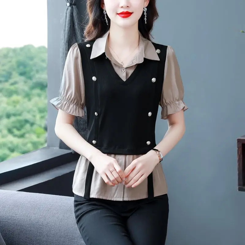 Top Trends: Women&#039;s Clothing Korean Fake Two Pieces Spliced Casual Shirt Summer New Fashion All-match Female Short Sleeve Polo-Neck Blouse Shoppable Styles