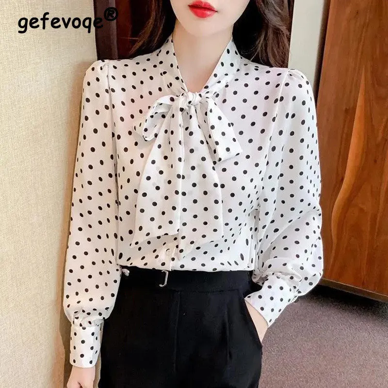 Top Trends: 2022 New Autumn Korean Elegant Polka Dot Printed Bow Chiffon Shirt For Women Casual Long Sleeve Loose Office Lady Blouse Top 4XL Shoppable Styles