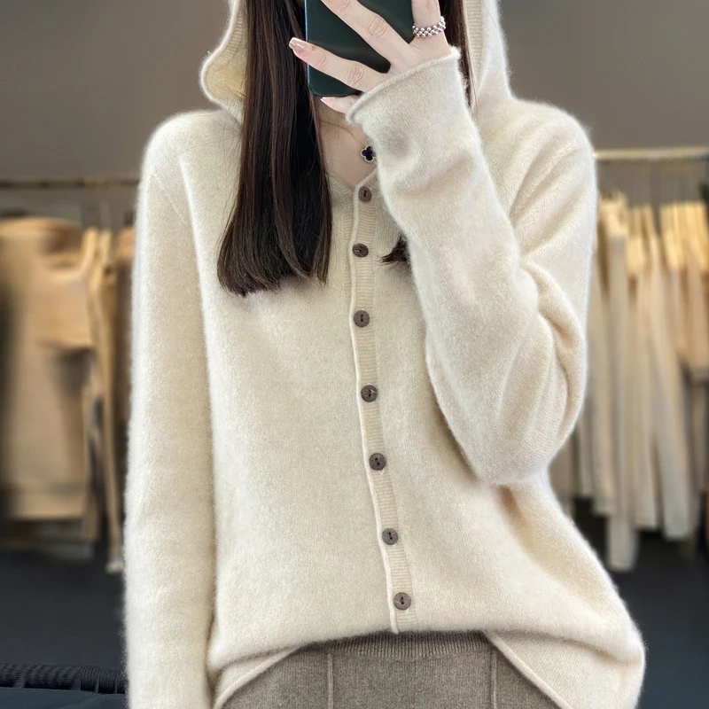 Top Trends: Autumn Winter New 100% Pure Wool Knitted Cardigan Women's Hoodie Loose Relaxed Sweater Solid Color Wool Slim Versatile Underlay Shoppable Styles