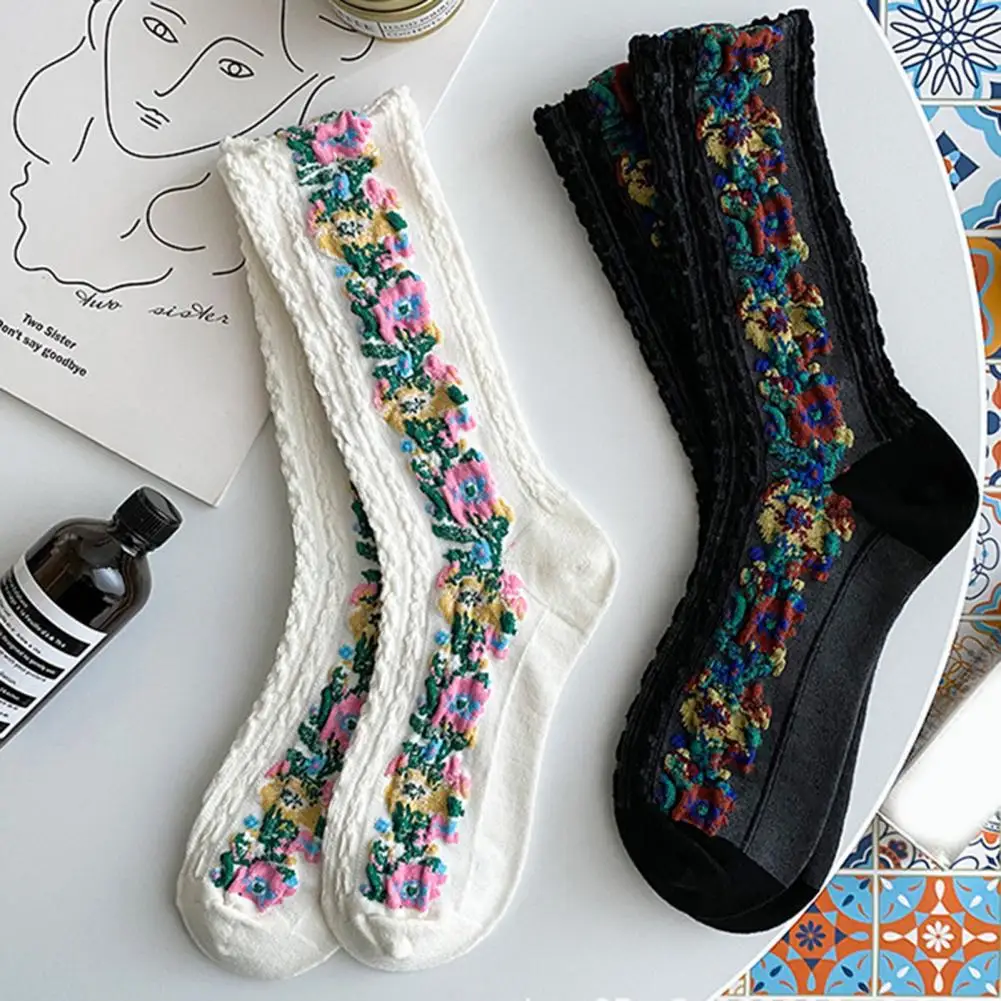 Top Trends: 1 Pair Middle Tube Twist Warm Women Socks Flower Pattern Ethnic Print Crew Socks For Autumn Winter Vintage Knitting Socks Female Shoppable Styles