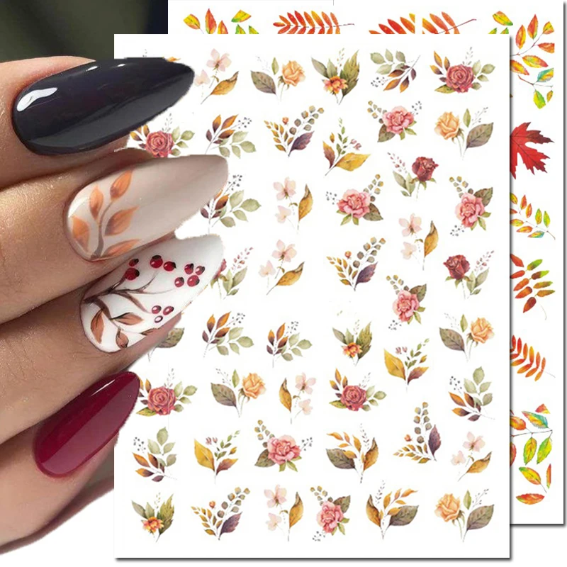 Top Trends: 3d Nail Art Decals Autumn Maples Leafs Retro Red Yellow Roses Flowers Adhesive Sliders Nail Stickers For Nail Tips Decoration Shoppable Styles