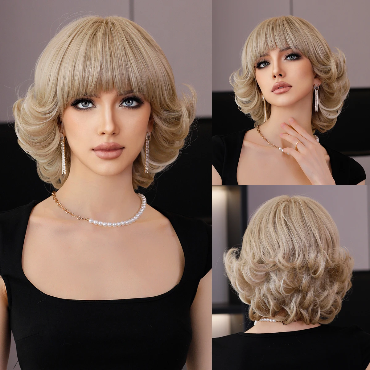 Top Trends: NAMM Short Silvery Blonde Retro Bob Wig With Bangs For Women Daily Party Synthetic Straight Light Blonde Wigs Heat Resistant Shoppable Styles