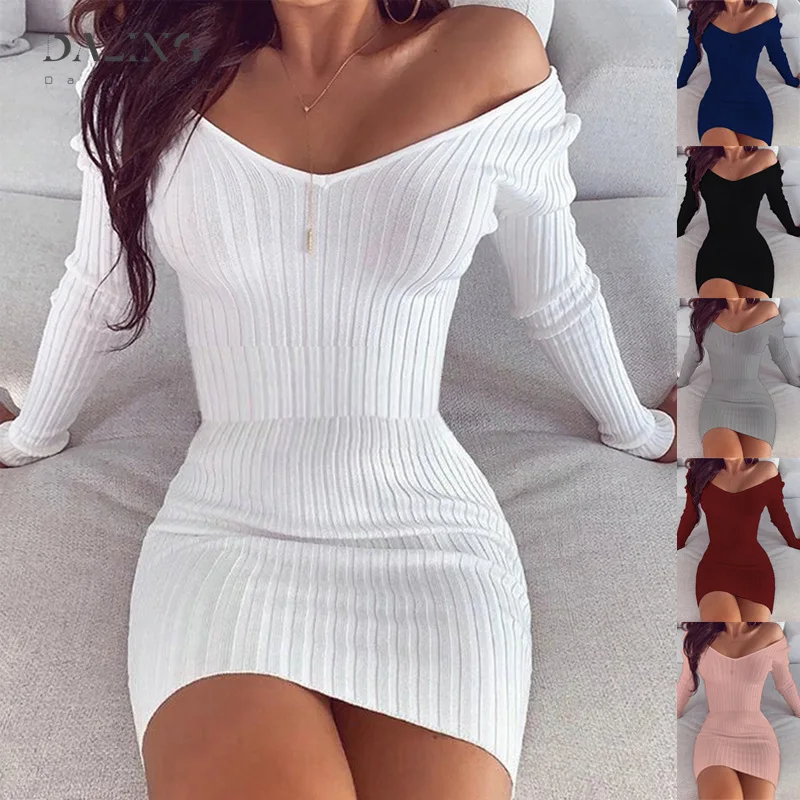 Top Trends: Sexy Club Off Shoulder Long Sleeve Bodycon Dress For Women 2020 Winter White Knitted Sweater Mini Woman Dresses Robe Femme Shoppable Styles