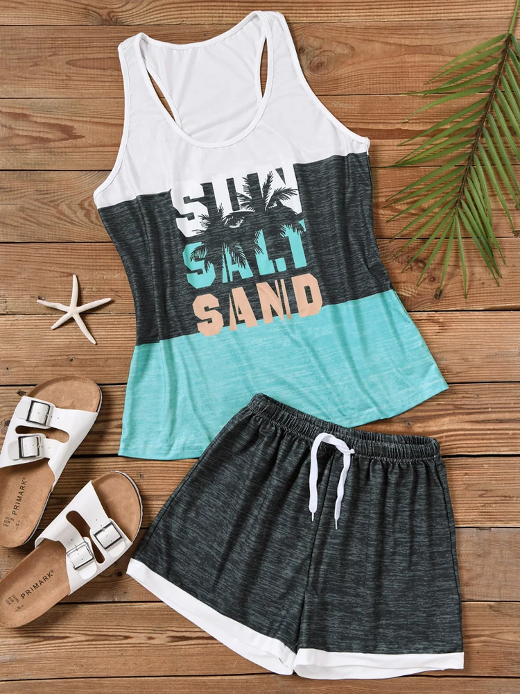 Top Trends: Women Summer Pajamas Set Sexy Home Clothes Sleepwear Tank Top Suits With Shorts Sun Salt Sand Color Block Coconut Tree Ightwear Shoppable Styles