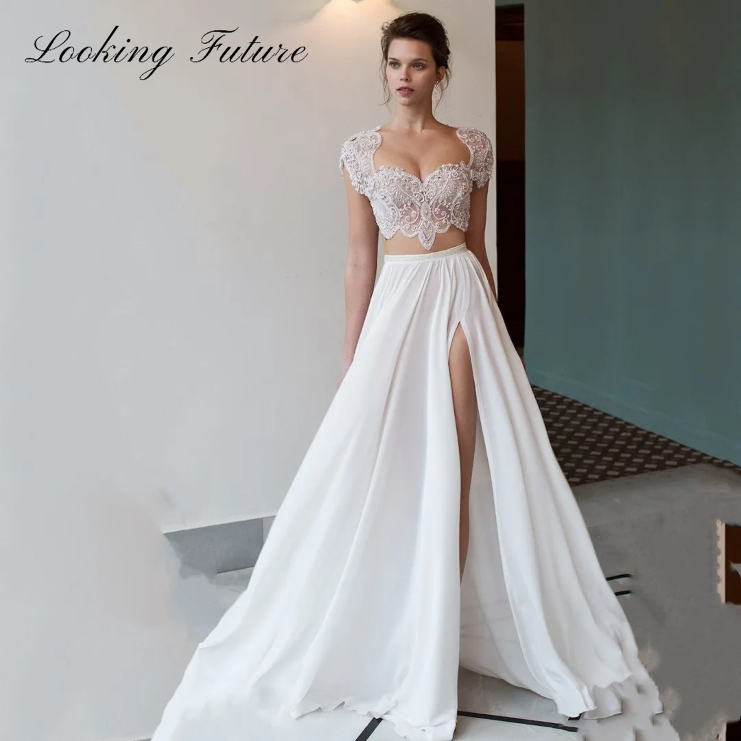 Top Trends: Boho Lace Chiffon A Line Wedding Dress Sleeveless Sweetheart Bride Dress For Woman 2024 Luxury Pearl Embroidery Vestido De Noiva Shoppable Styles