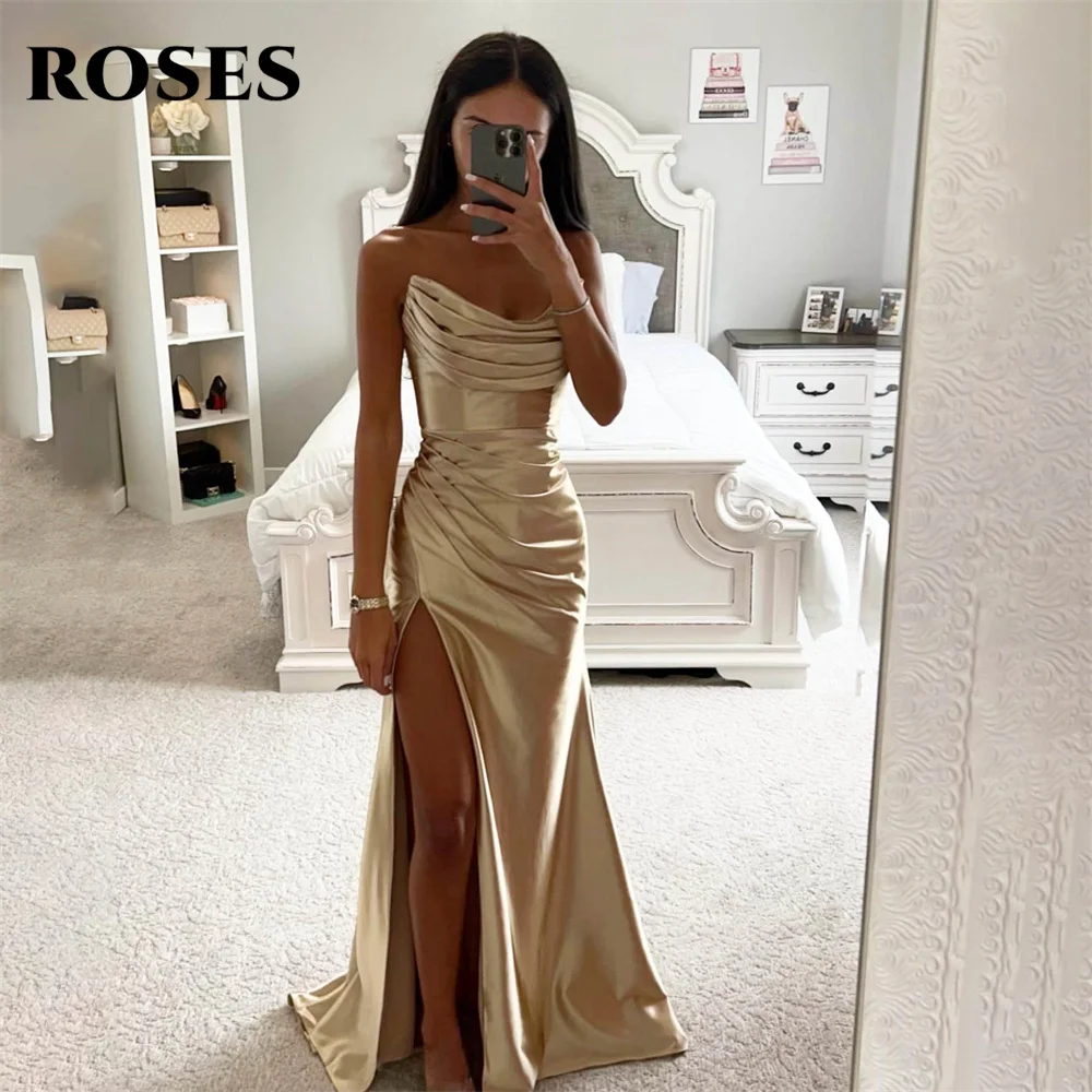 Top Trends: ROSES Gold Mermaid Champagne Prom Dress Gowns Sleeveless Pleat Stain Formal Gowns Side Split Evening Gowns Vestidos De Noche Shoppable Styles