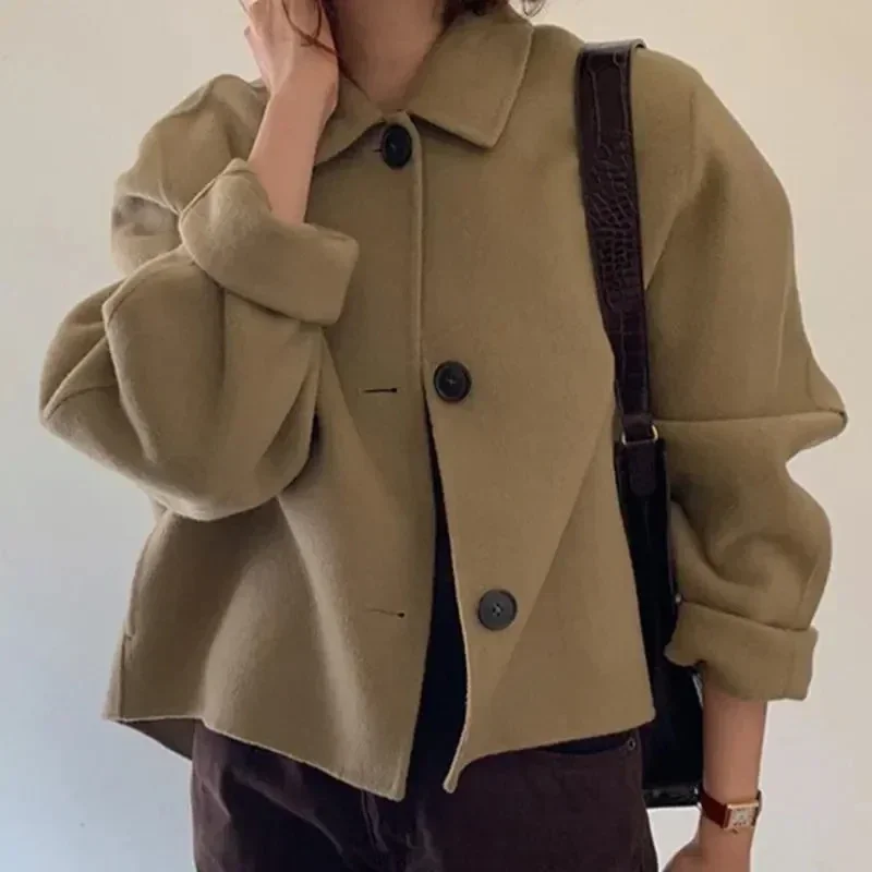 Top Trends: Coat Women Wool Woolen Long Sleeve Overcoat Turn Down Collar Ladies Jacket Khaki 2023 Autumn Winter Short Woolen Top Korean Shoppable Styles - Image 5