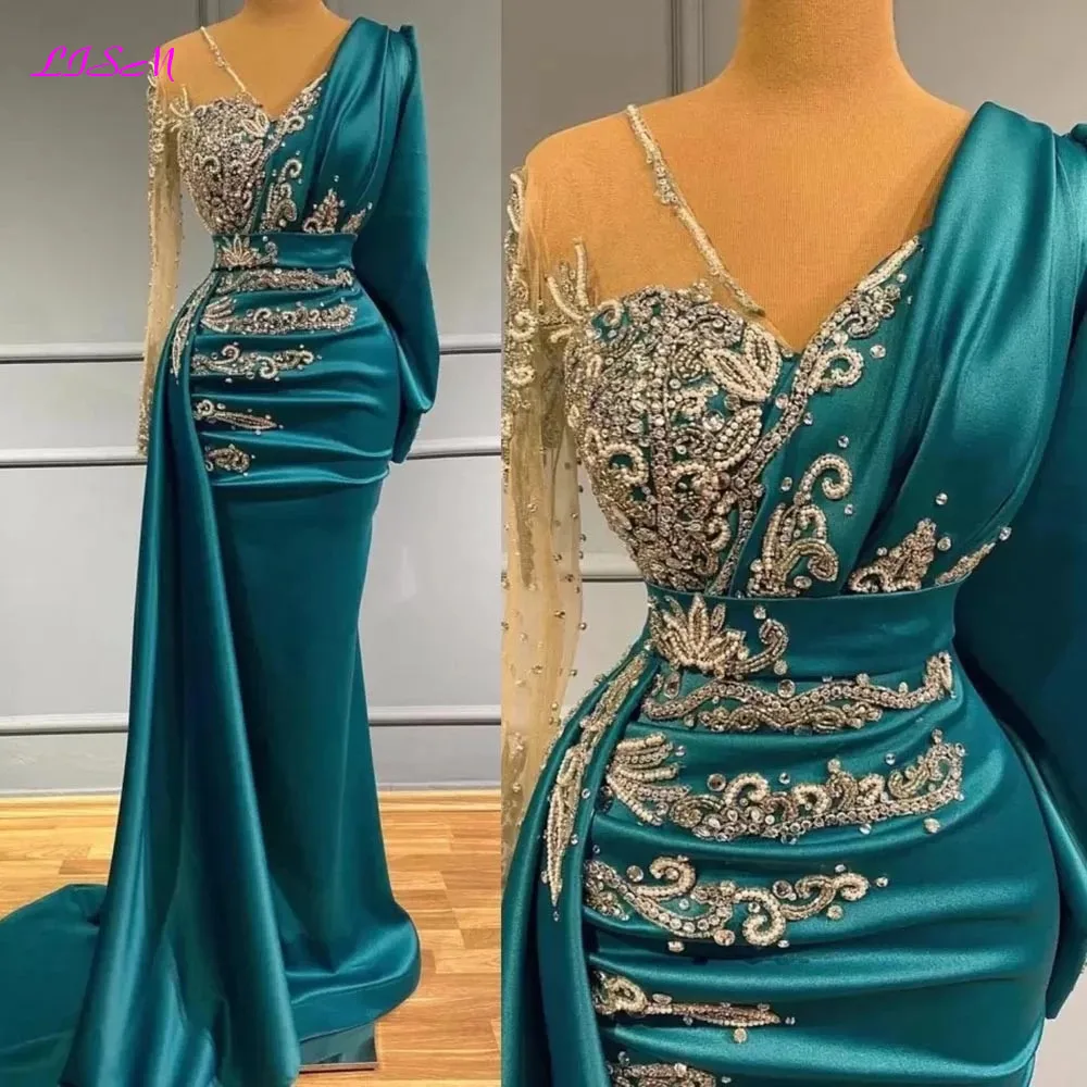 Top Trends: Luxury Long Sleeve Mermaid Evening Dresses Sparkly Crystals Elegant Satin Dubai Women Formal Party Evening Gowns Sheer Neck Shoppable Styles