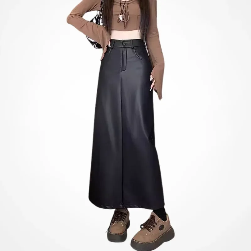 Top Trends: A-line Slit Leather Skirt For Women 2023 Autumn Winter New High-waisted Black PU Midi Skirt Black Korean Fashion Female Clothing Shoppable Styles