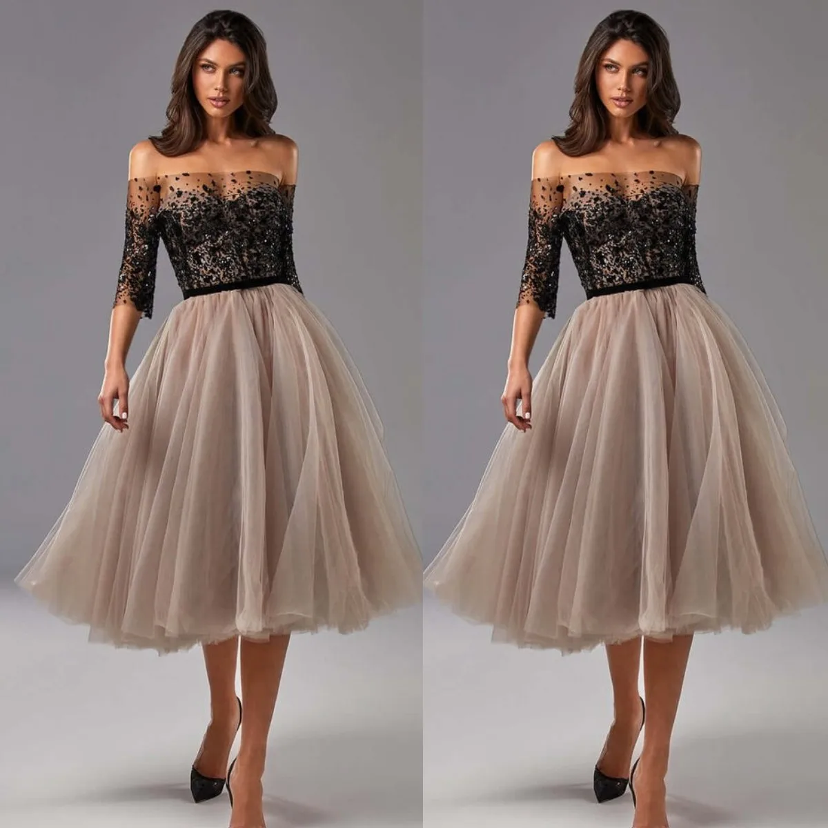 Top Trends: Short Prom Dresses Off The Shoulder Tulle Tea Length Women Maxi Dress Half Sleeves Zipper Custom Made Women Midi Dresses Shoppable Styles