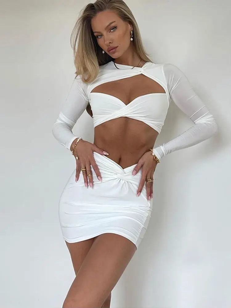 Top Trends: Cryptographic Elegant Fashion Sexy Twist Cut Out Long Sleeve 2 Piece Sets Summer Outfits Matching Sets Crop Top And Skirts Chic Shoppable Styles - Image 4