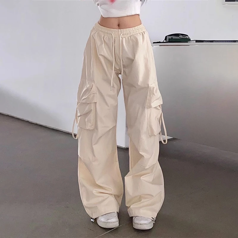 Top Trends: Beige Hip Hop Cargo Pants Women Harajuku Y2K Vintage Baggy Streetwear Oversize Wide Leg Parachute Trousers Female Korean Fashion Shoppable Styles