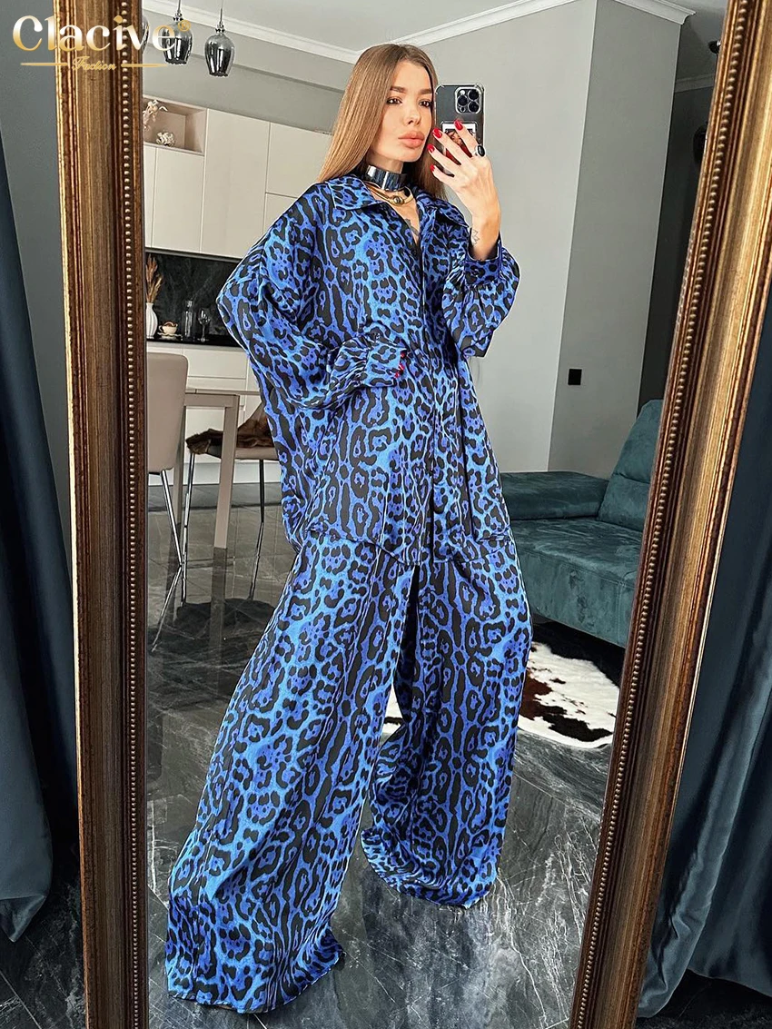 Top Trends: Clacive Fashion Loose Print Women Two Piece Outfits Elegant Lapel Long Sleeve Blouses With High Waist Pants Set Female Clothing Shoppable Styles