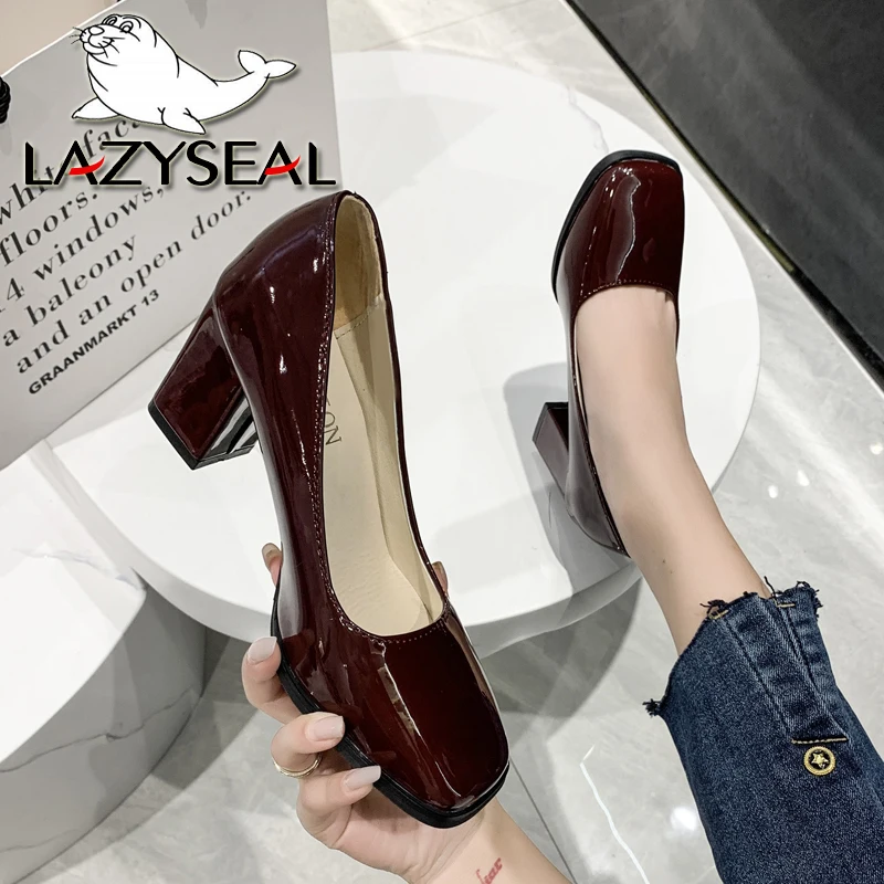 Top Trends: LazySeal Wine Red Chunky Heels Pumps Women Shoes Casual 2.95Inch Square High Heels Ladies Wedding Party Super Big Size 33-50 Shoppable Styles