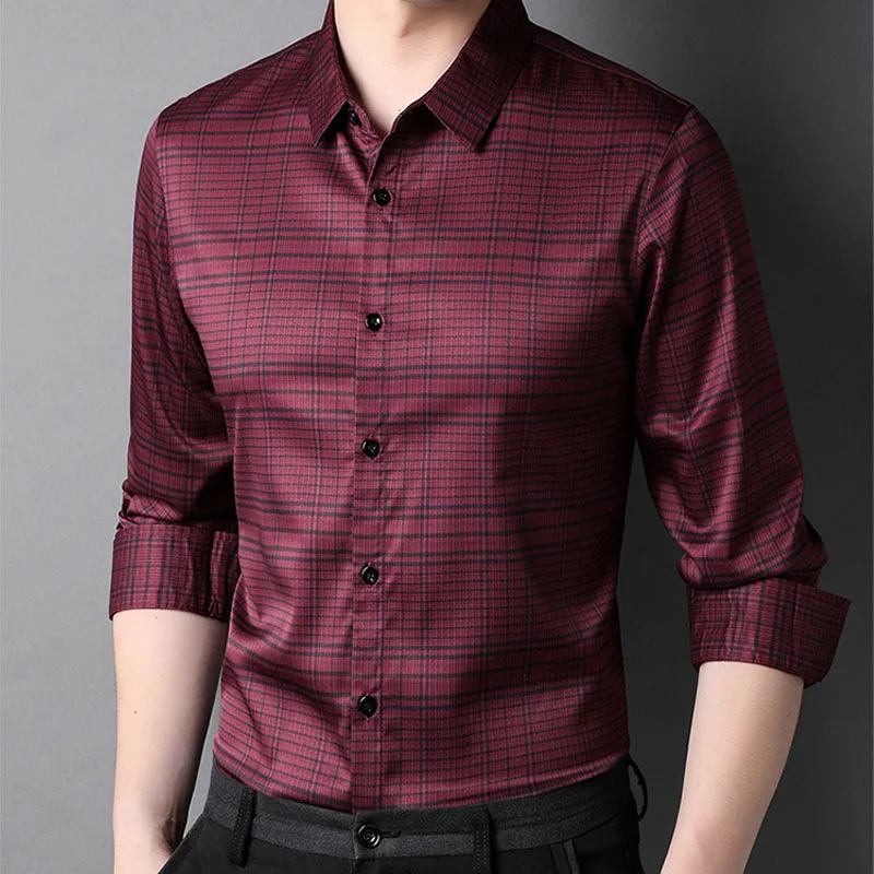 Top Trends: Autumn Winter Fashion Casual Plaid Long Sleeve Shirt Male Clothes 2023 Business Office Polo-Neck Single-breasted Shirts For Men Shoppable Styles - Image 5