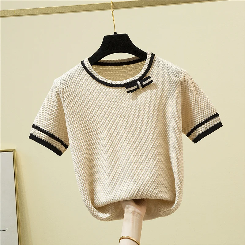 Top Trends: Knitted T Shirt Women Bow Patchwork Short Sleeve T-Shirt Korean Fashion Womens Clothing 2022 Summer Tops Thin Tee Shirt Femme Shoppable Styles