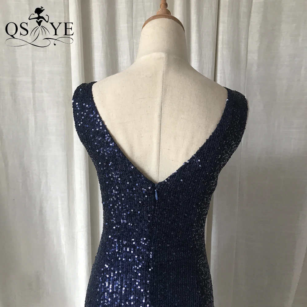 Top Trends: Sequin Navy Evening Dresses V Neck Long Mermaid Prom Gown Sleeveless Tulle Hem Party Dress Glitter Lace Sequin Women Dress Chic Shoppable Styles - Image 5