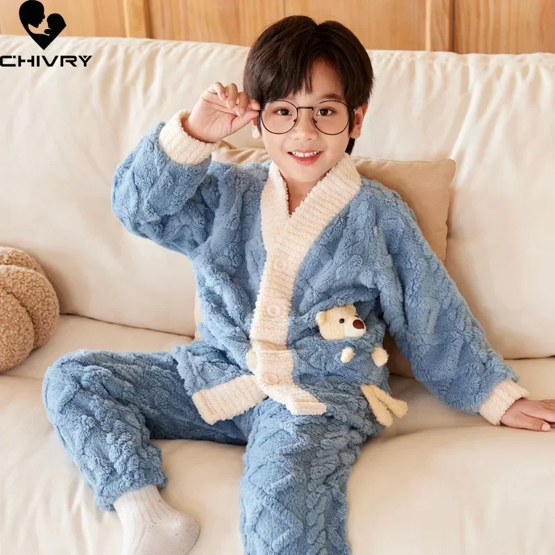 Top Trends: New Autumn Winter Kids Thicken Warm Flannel Pajamas Baby Boys Girls Cartoon Bear V-neck Casual Sleepwear Clothing Sets Pyjamas Shoppable Styles