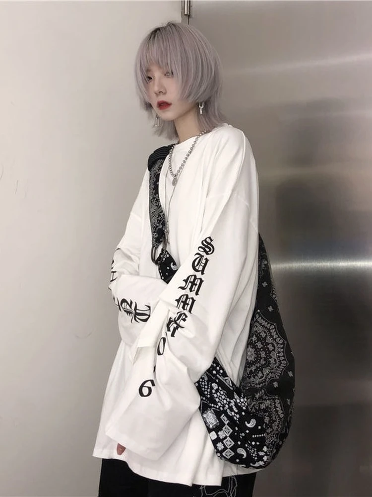 Top Trends: QWEEK Gothic Harajuku Oversized T Shirts Women Korean Letter Print Tees Black Long Sleeve Tops 2022 Spring Kpop Alt Clothing Shoppable Styles - Image 4