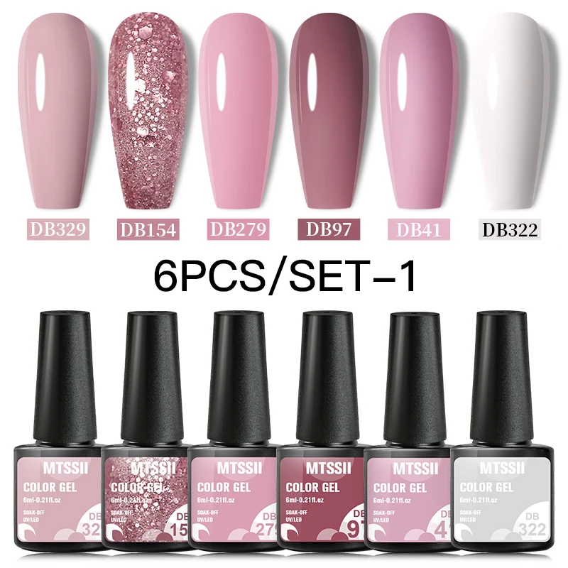 Top Trends: 6PCS Nail Polish Set Nude Pink Glitter Gel Varnishes Kit Soak Off UV LED Gel Semi Permanent Nail Art Base Gel Top Coat Set Shoppable Styles