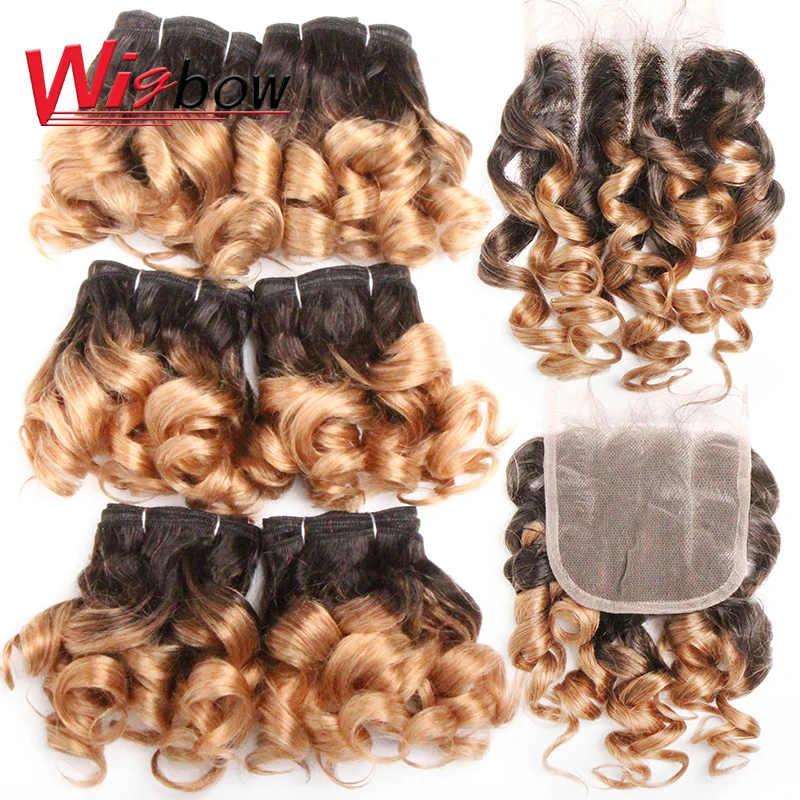 Top Trends: Human Brazilian Hair Weave Bundles With Closure Ombre Bouncy Curly Hair Bundles With 4x4 Closure For Women T1B27 / 30 / 99J 6+ 1 / Lot Shoppable Styles