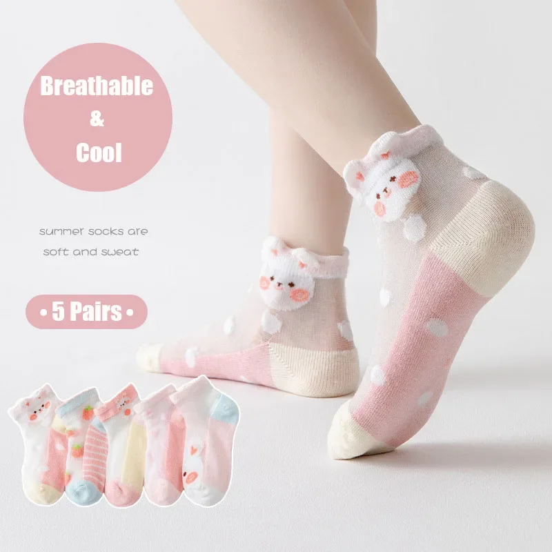 Top Trends: 5 Pairs / Lot Girls Socks Summer Breathable Children Short Ankle Socks Kids Soft Cotton Lace Princess Cartoon Style Mesh Socks Shoppable Styles