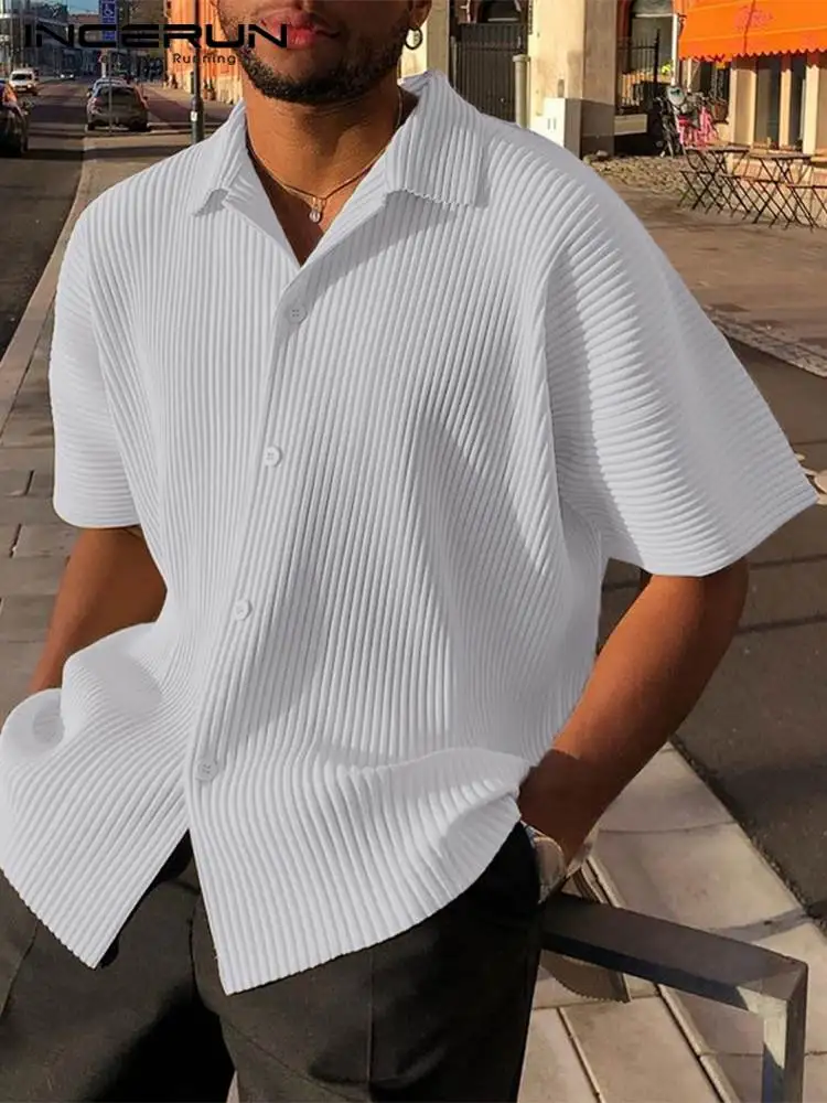 Top Trends: American Style Casual Simple New Men's Solid Blouse Streetwear Male Loose Comfortable Pleated Short Sleeve Shirts S-5XL INCERUN Shoppable Styles