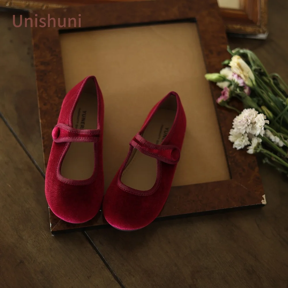 Top Trends: Unishuni Vintage Velvet Mary Jane Shoes For Girls Princess Casual Flats Children Round Toe Retro Red Green Flats Kids Dress Shoe Shoppable Styles