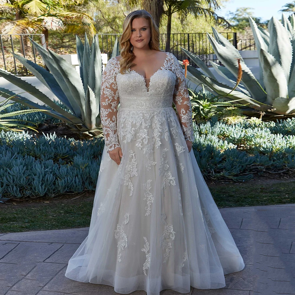 Top Trends: Classic V Neck Wedding Dresses Plus Size Long Sleeves Bride Gowns Appliques Backless Sweep Train A-Line Tulle Vestido De Novia Shoppable Styles