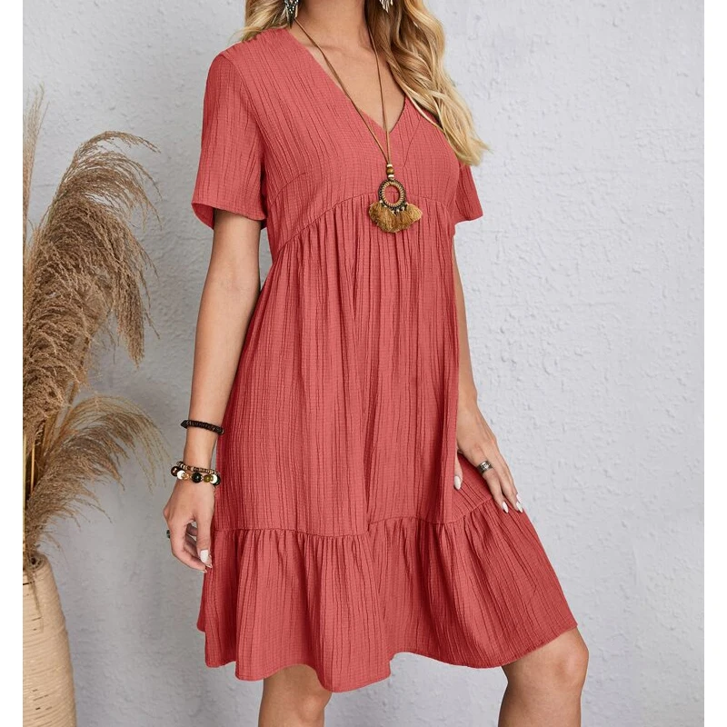 Top Trends: Summer Women Fashion Casual V-Neck Solid Long Dresses Vintage High Waist A-Line Simple Elegant Lantern Sleeve Party Dress Shoppable Styles