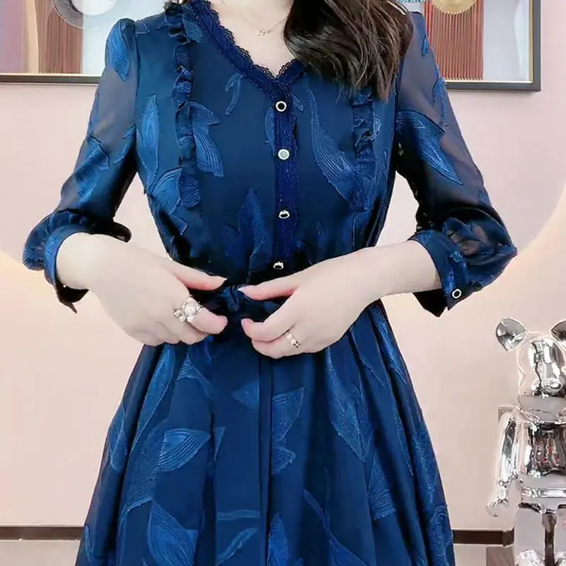 Top Trends: Fashion Jacquard Weave Folds Spliced Dresses Female Clothing Commute Elegant V-Neck Lace Button Spring Summer Bandage Midi Dress Shoppable Styles