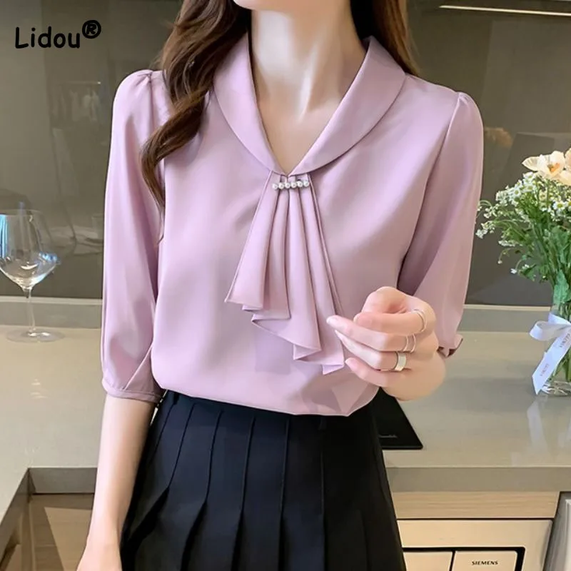 Top Trends: Women&#039;s Clothing Chic V-Neck Spliced Fashion Chiffon Shirt Summer New Commute Office Lady Korean Beading Solid Color Blouses Shoppable Styles